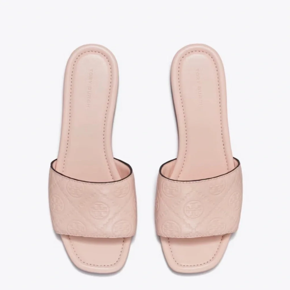Tory Burch Sandals T Monogram Slides in Blush Pink Leather